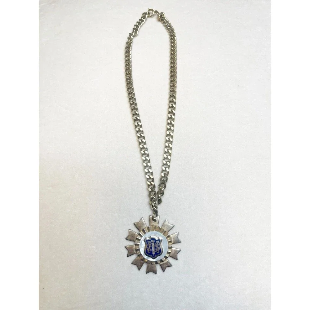 Vintage Fraternal Pendant Necklace Blue Crest Heraldic Lion Crest Medal Silver